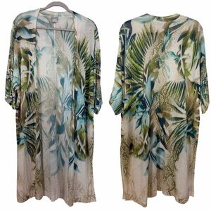 Chico’s Tropical Print Kimono Cardigan Sheer Cream Green Vaction Size 1 (Medium)